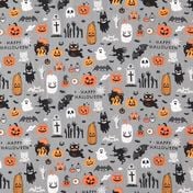 Halloweenské látky Halloweenská látka s dýněmi, kočkami, netopýry a duchy na šedém pozadí